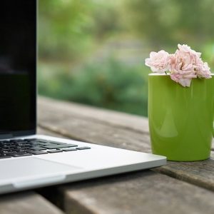 Laptop. Rosa blommor i grön kaffekopp på ett träbord