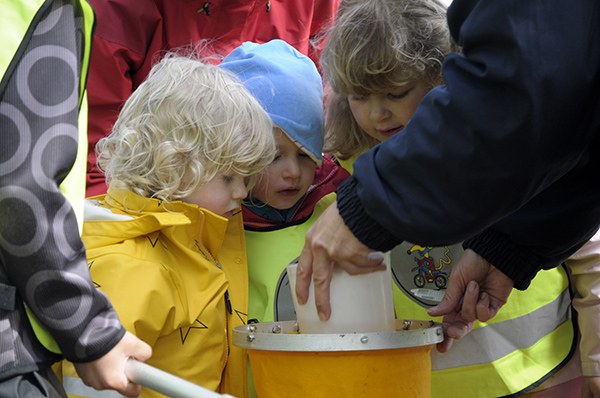 Förskolebarn studerar fångst i vattenhov