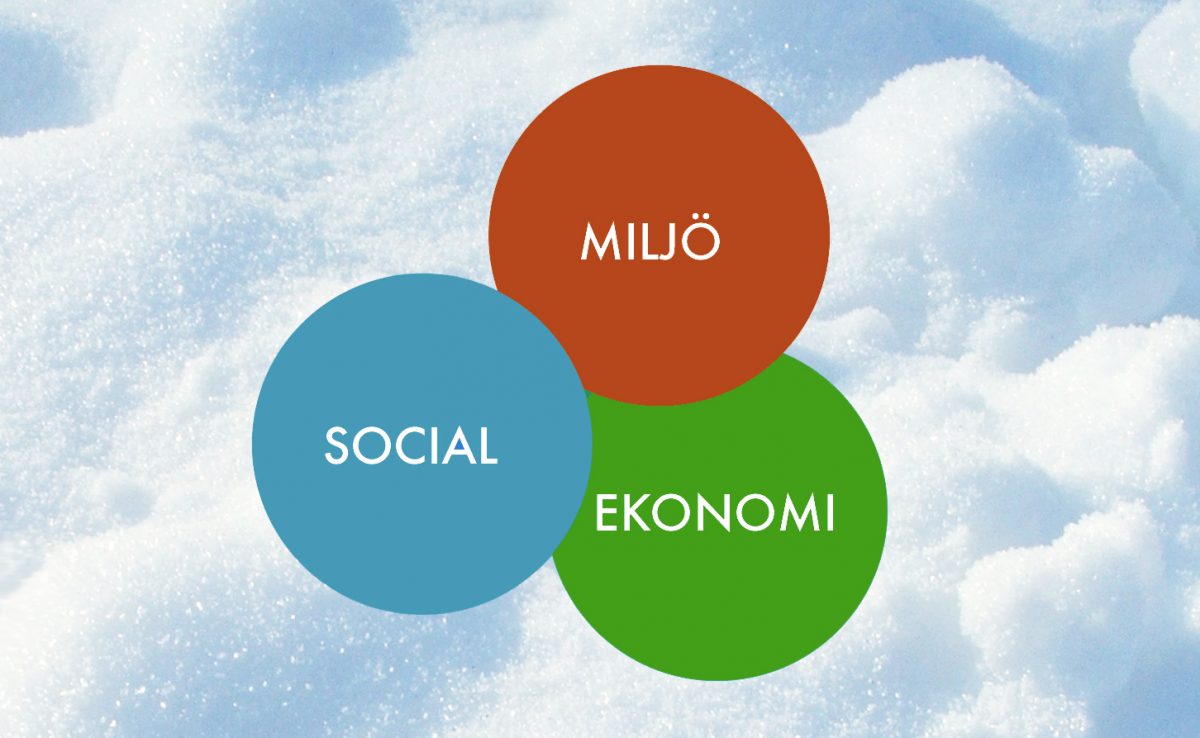 Tre cirklar med orden Miljö, Ekonomi och Socialt. Bakgrund: snö